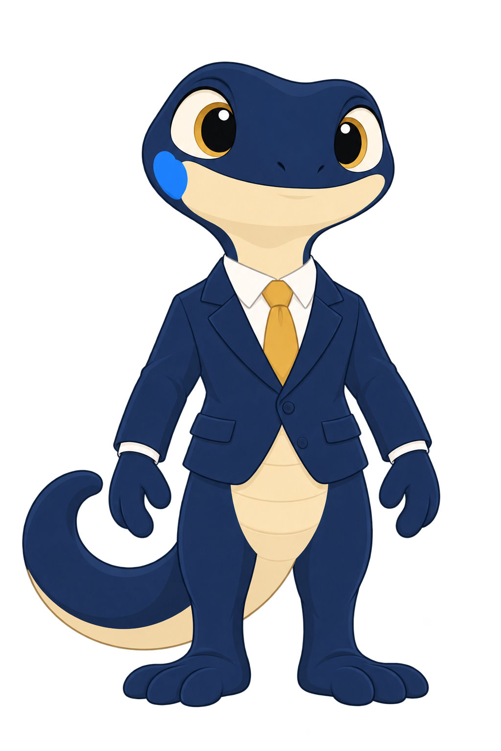 Spotted, Spotlight Drive’s navy-blue gecko guide in a navy suit, white shirt, and gold tie